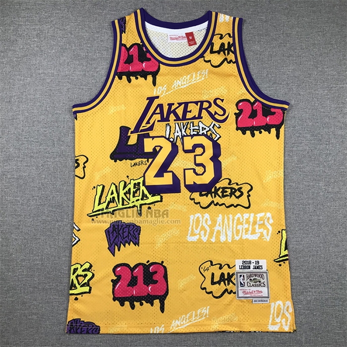 Maglia
 LeBron James NO 23 Los Angeles Lakers Mitchell & Ness Slap Sticker 2018-19 Giallo
